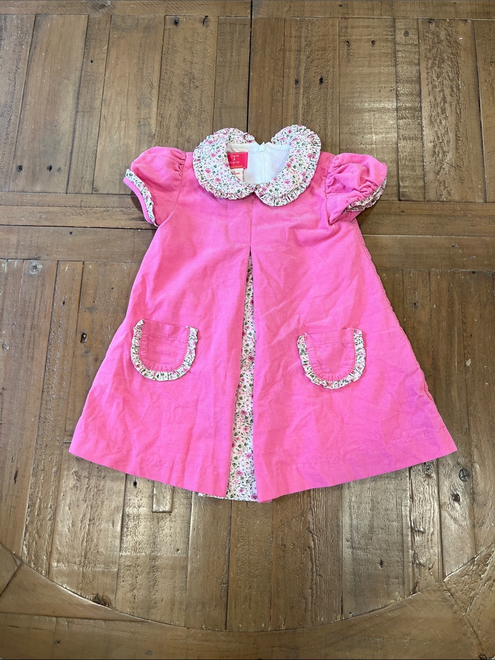 Claire & Charlie pink corduroy dress with floral Peter Pan collar 2 years